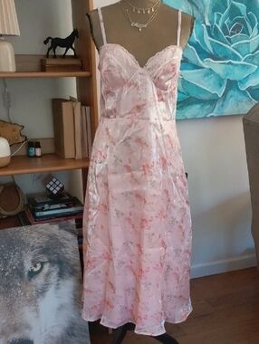 Lulu's Blush Pink Floral Satin Lace-Trim Midi Slip Dress